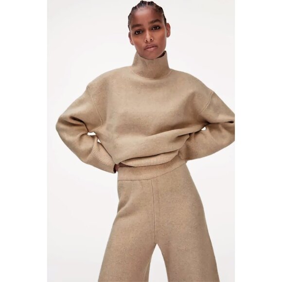 NEW Zara Straight Wide Leg Lounger Knit Culottes Pants in Taupe, Size S - Picture 2 of 13